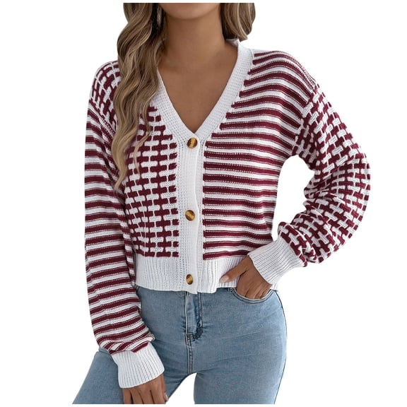 UAMVSH Sweater Cardigans for Women Trendy Stripe Printed Cropped Jackets Lightweight Fall Warm Long Sleeve Coats Button down Tops(X-Large,Wine)