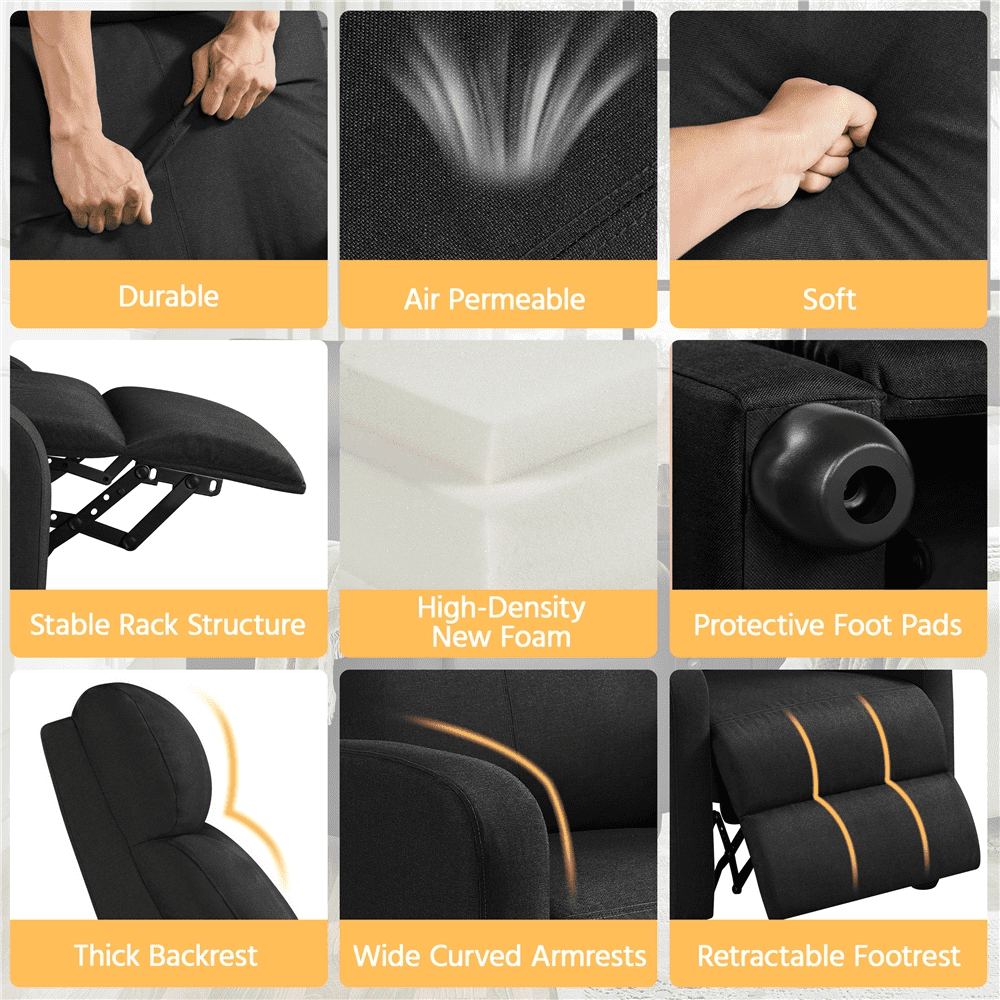 Renwick Fabric Push Back Theater Recliner Chair with Footrest for Livingroom, Black