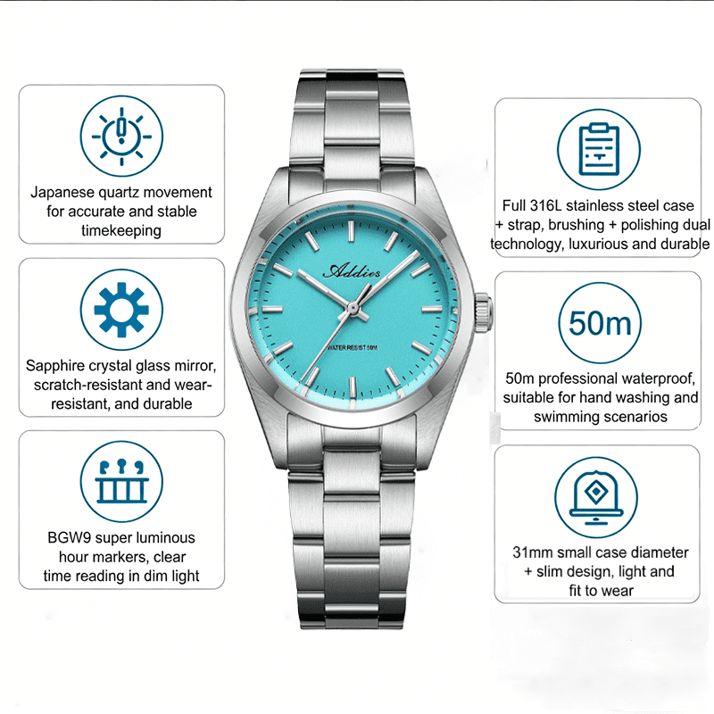 ADDIES Womens Watch 31mm Stainless Steel Sapphire Crystal Japanese Quartz Movement BGW9 Lume 50M Waterproof Analog Dress Watch for Women Ladies Gift