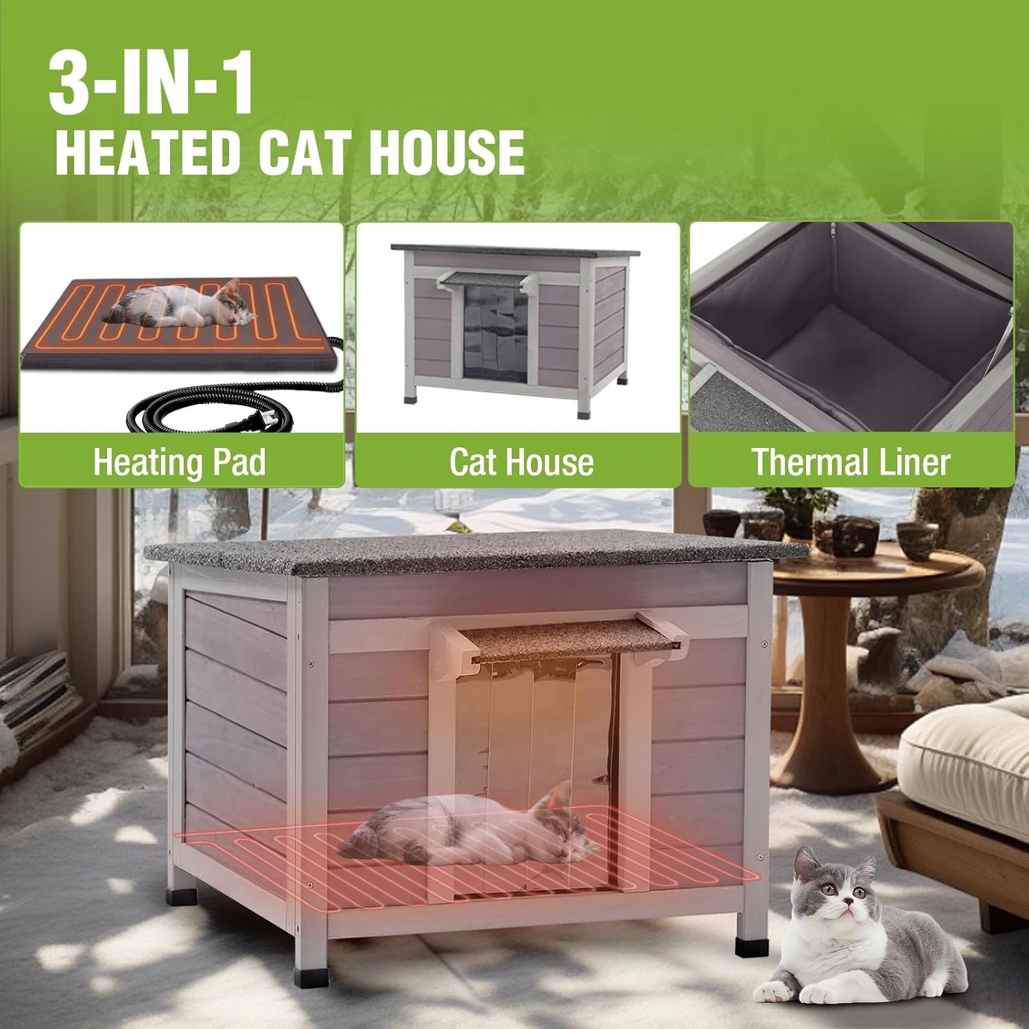 MEDEHOO Heated Cat House Outdoor Insulated Cat House for Outside Weatherproof Feral Cat Shelter with Heated Pad, Insulated Thermal Liner, Chewproof Cable for Cats (Winter-Ready)