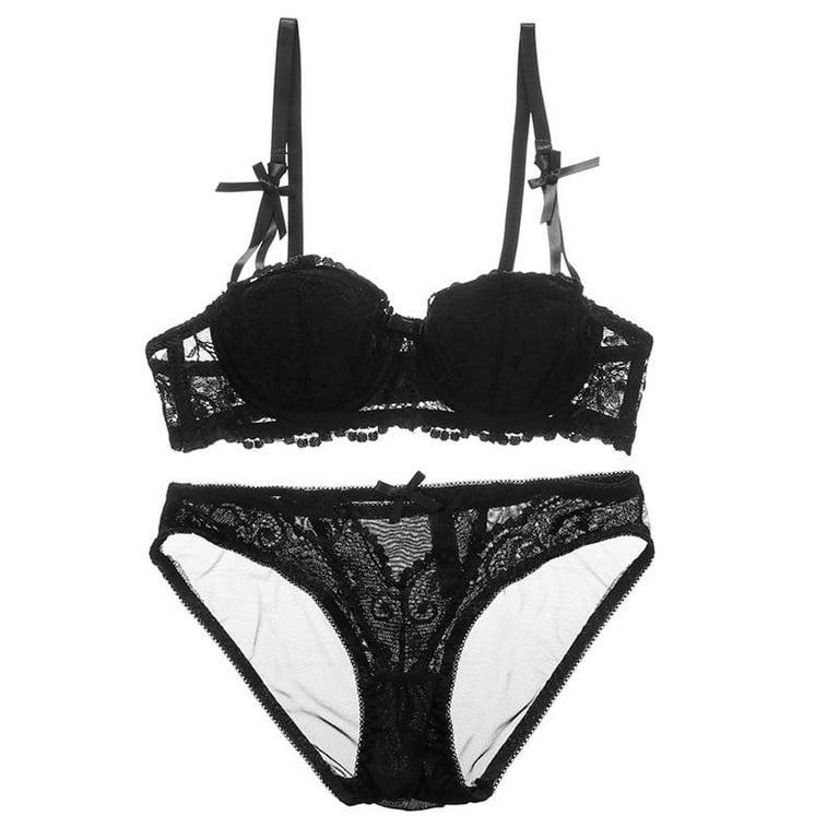 Women's Lace Bra and Panty Sets, Two Piece Underwire Sexy Lingerie Push Up  Bras Set, Black 