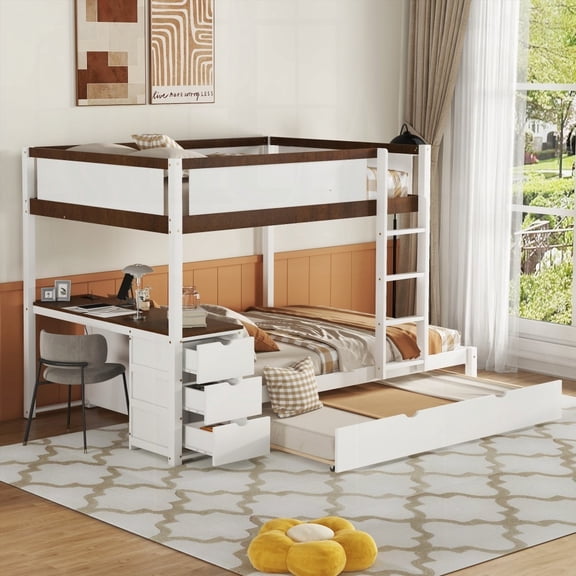 Full-Over-Full Bunk Bed with Twin Trundle, Storage & Desk, White Walnut - Maximize Space & Add Functionality