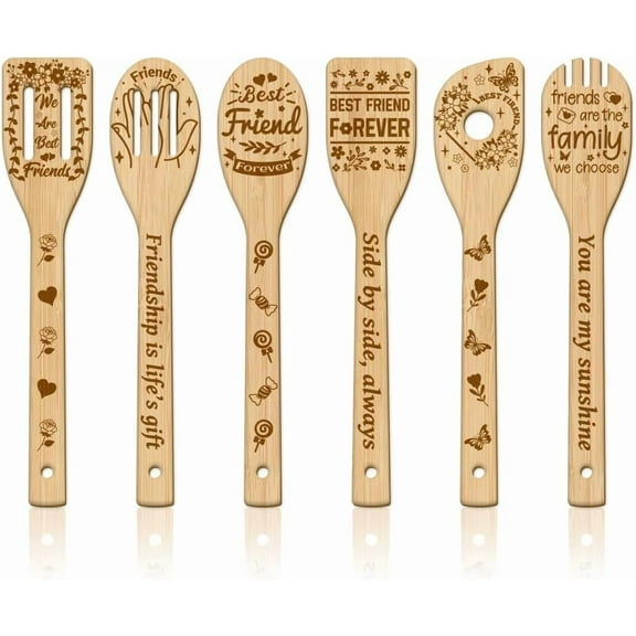 6Pcs Friendship Bamboo Cooking Utensils Friends Wooden Engraved Cooking Spoons Set Carving Kitchen Bamboo Spatula Set Wood Cooking Spoon for Kitchen House Birthday Gift