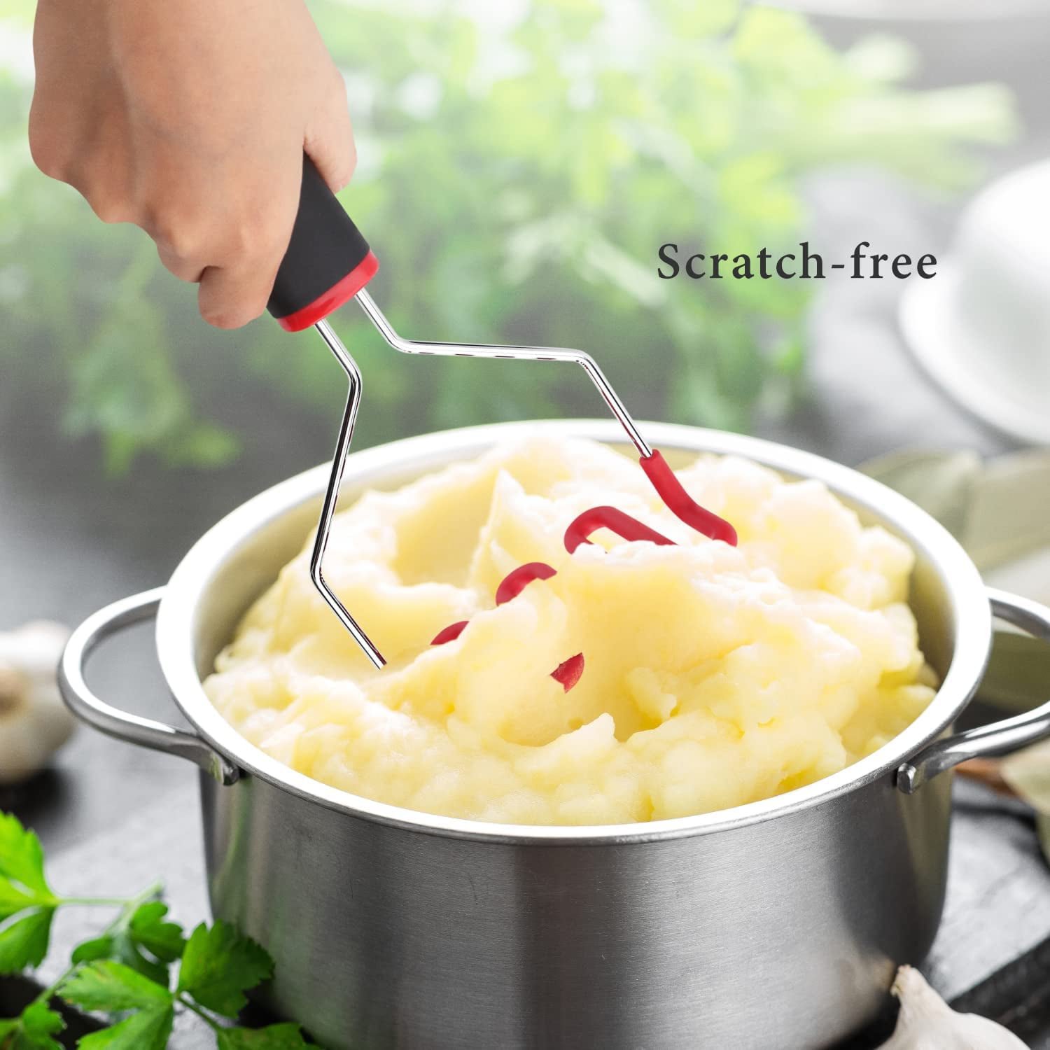 Fruits- Versatile Masher Hand Tool & Potato Smasher Soft Touch Handle Non-Scratch Cookware for Smooth Mashed Potatoes Potato Masher with Silicone-coated 18/8 Design 