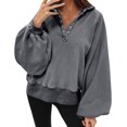 thumbnail image 2 of Women's Fall Sweatshirt Lapel Pullover Button V Neck Blouse Long Sleeve Losse Shirt Jogging Casual Hoodie (M, Gray), 2 of 7