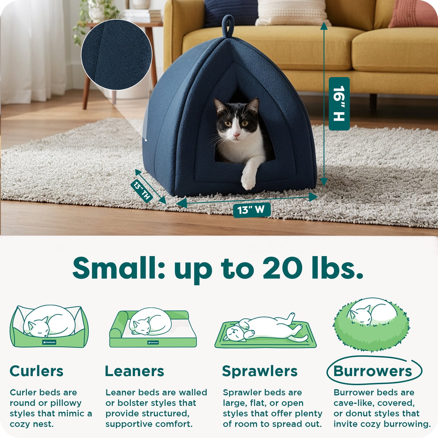 FurHaven Pet Products | Fleece Hooded Tent House Pet Bed for Cats & Small Dogs - Lagoon Blue