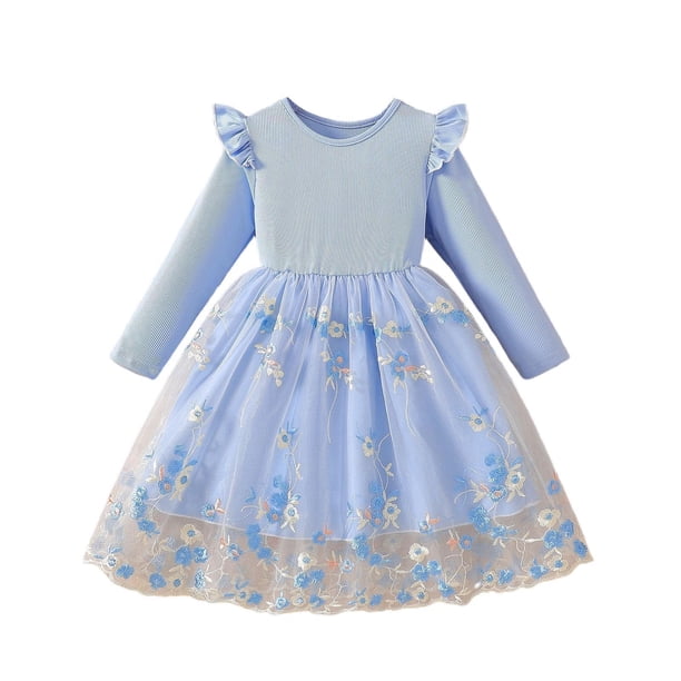 Vestido de cuello redondo y manga larga para niñas Vestido de cuello redondo y manga larga para niñas Falda de malla elegante Vestido de princesa elegante para niñas pequeñas Vestido de poliéster para