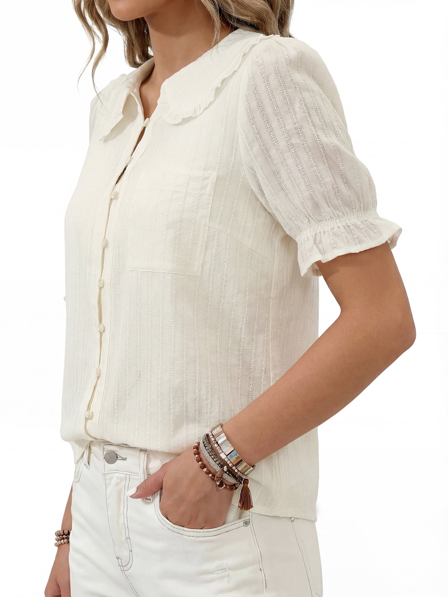 PRETTYGARDEN Women's V Neck Poplin Short Sleeve Button Up Top, Sizes S-XXL