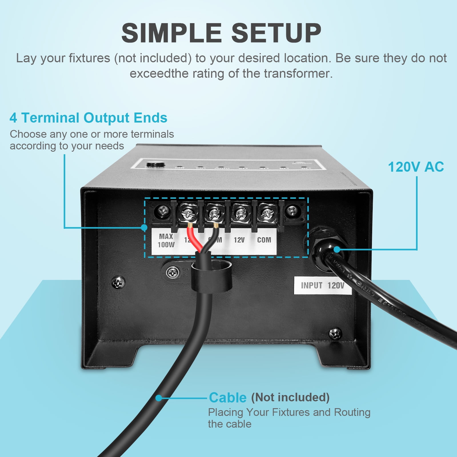 100W Low Voltage Landscape Transformer, Landscape Lighting Transformer with Timer and photocell Sensor, 120V AC to 12V AC Outdoor Weatherproof low voltage transformer for landscape lights