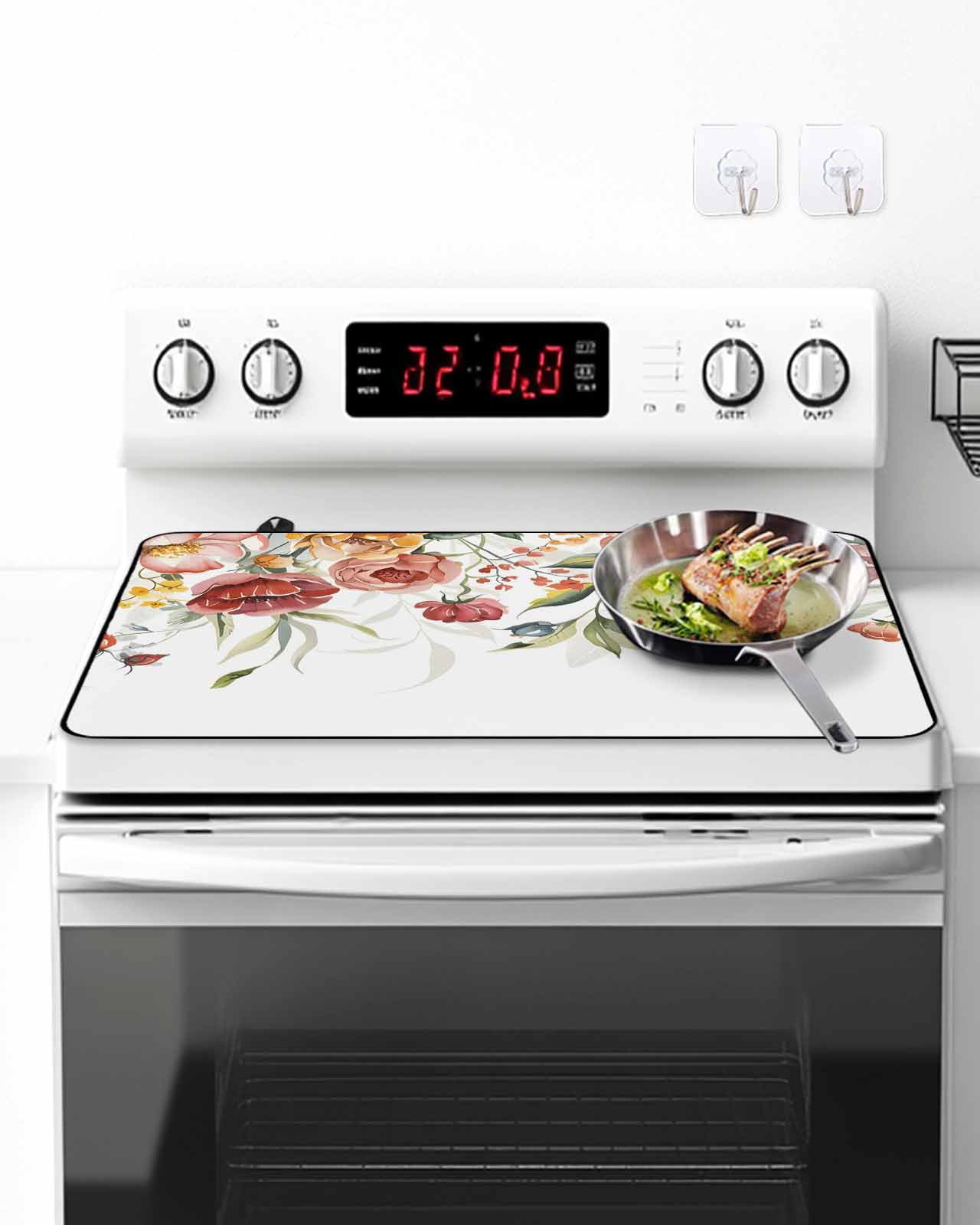 Stove Top Covers for Electric Stove, Pink Floral Glass Stovetop Cover Protector, Spring Pastoral Botanical Wildflowers Leaves Induction Cooktop Protector Oven Mat for Kitchen Countertop 31"x24"