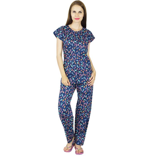 Bimba Ensemble de Pyjama de Nuit en Coton pour Femmes, Chemise à Manches Courtes avec Pyjamas - Bleu