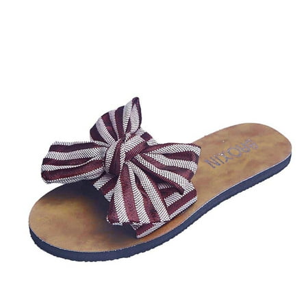 

CYMMPU Women s Slippers Women s Fashion Casual Cloth Stripe Bowknot Large Size Flat Beach Slippers