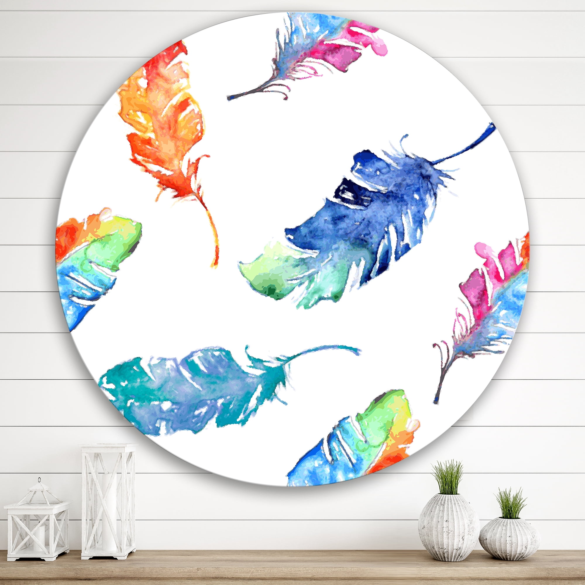 Designart 'Ethnic Colorful Feathers' Bohemian & Eclectic Circle Metal Wall Art 29x29 - Disc of 29