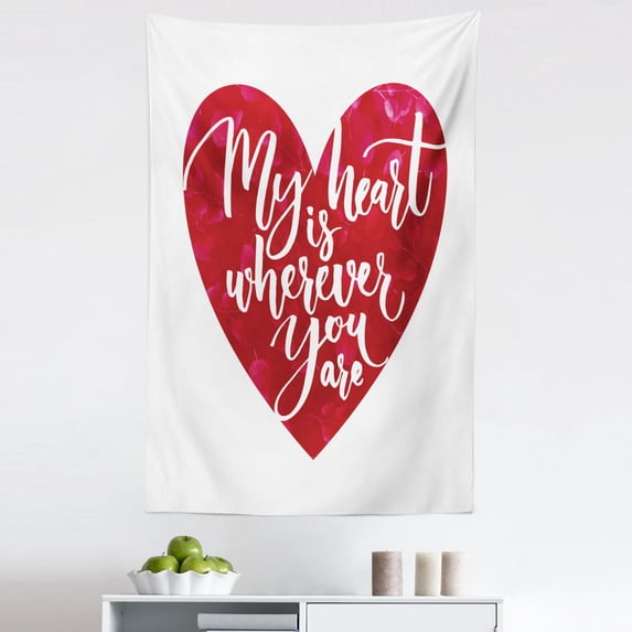 Wife Tapestry, My Heart is Wherever You Are Romantic Phrase on a Heart Shape for Valentines Day, Fabric Wall Hanging Decor for Bedroom Living Room Dorm, 5 Sizes, Ruby and White, by Ambesonne