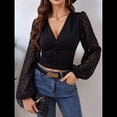 thumbnail image 4 of Tops de Encaje con Escote en V Profundo para Mujer, Elegantes, de Larga, Tipo Farol, Cortos, Ajustados, para Salir en Negro L, 4 of 9