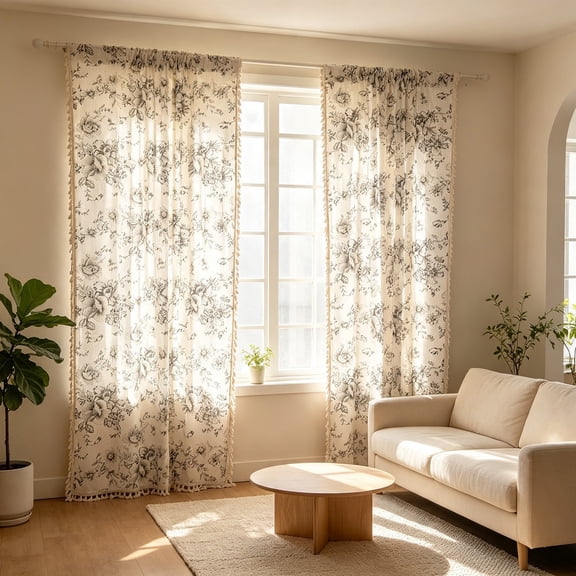 Sheer Curtains, Floral Embroidery Panel, Rod-Pocket Ruffled Curtain, 59x17.7in, Semi Transparent, for Living Room and Bedroom