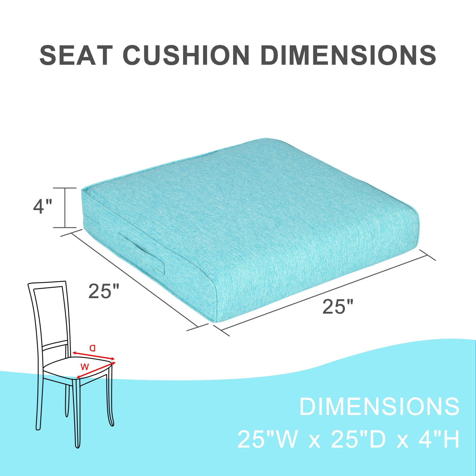 Aoodor Patio Chair Cushions Set of 2, 25 x 25 x 4 Inch Water Resistant Outdoor Seat Cushions with Handle and Ties, Square Corner Cushions for Patio Furniture Garden Lawn, Aruba Blue