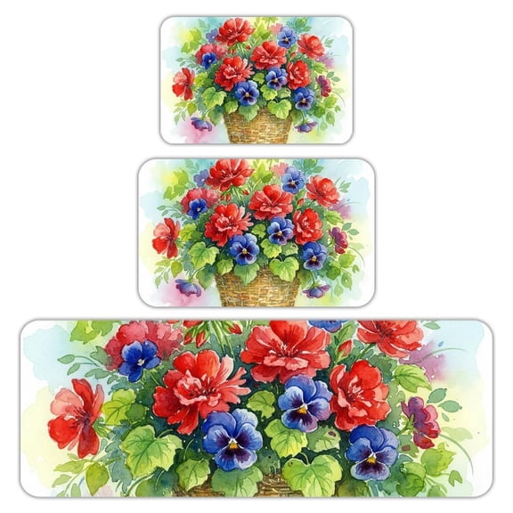 RKSupls Kitchen Rug Set 3 Piece Anti-Slip Flannel Floor Mats, Geranium Basket Washable Absorbent Runner Mats for Kitchen Bathroom Home Decor