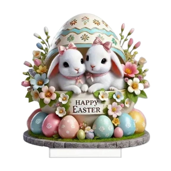 Easter Bunny Egg Table Decoration Acrylic Stand Sign Holiday Ornament Colorful Eggs Spring Flowers Design Stable Base Versatile Size Living Room Window Spring Centerpiece Home Decor