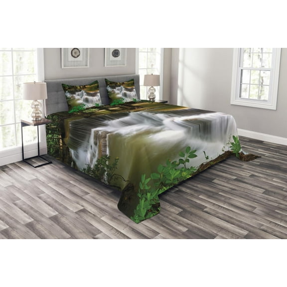Ambesonne Nature Quilted Bedspread Set 3 Pcs, Waterfall in Thailand, Queen Size, Multicolor