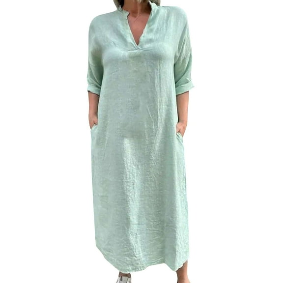 asdoklhq Mumu Dresses for Women Casual V-neck Five Quarter Sleeve Patchwork Contrasting Color Multi-color Dress Green M