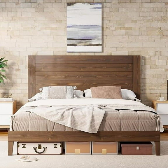 Merluxy King Size Solid Wood Bed Frame, Mid-Century Modern Platform Bed, Dark Brown