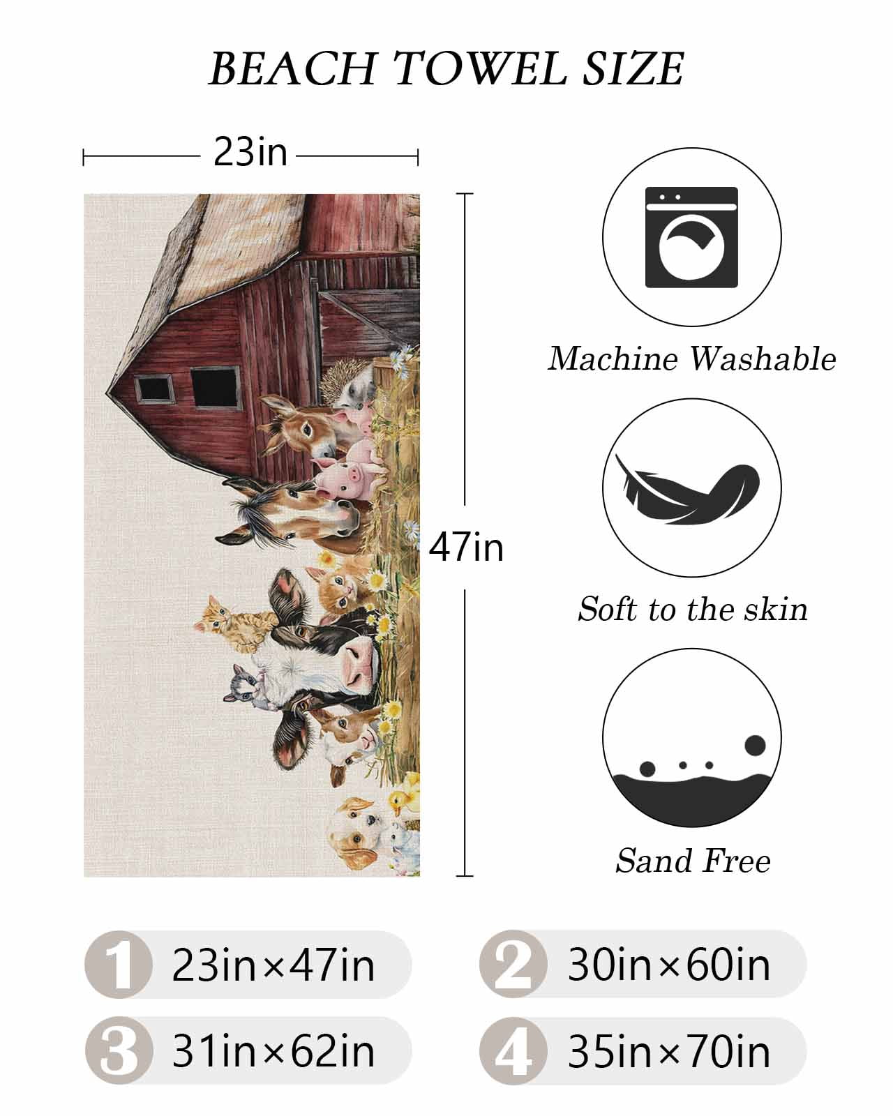 Farm Cow Pig Beach Towels Oversized Super Absorbent, Farmhouse Animals Retro Fench Wood Bran Lightweight Bath Towel Quick Dry Sets For Bathroom/Pool/Rv Camping/Beach Play/Gym Room/Picnic 30"x60"