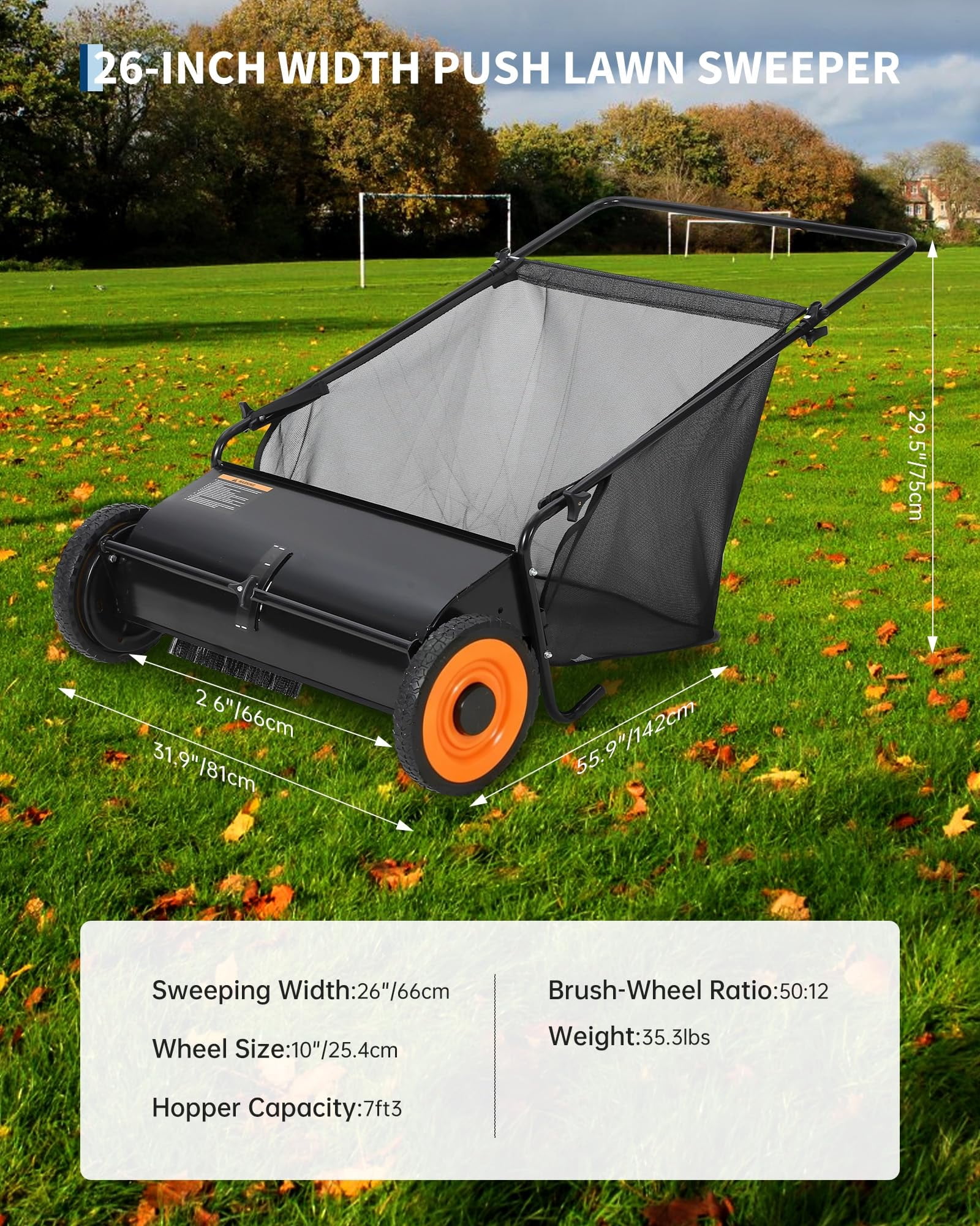 26" Heavy-Duty Push Lawn Sweeper, Leaf Sweeper for Lawn with 4 Spinning Brushes & Large Capacity Collection Bag, Adjustable Height Grass Clippings & Debris Collector, Orange and Black