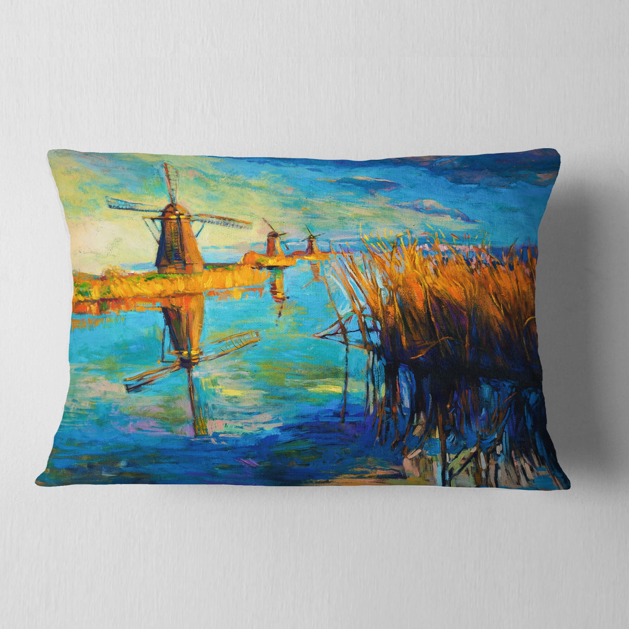 Designart Windmills with Sky and Water - Landscape Printed Throw Pillow - 12x20