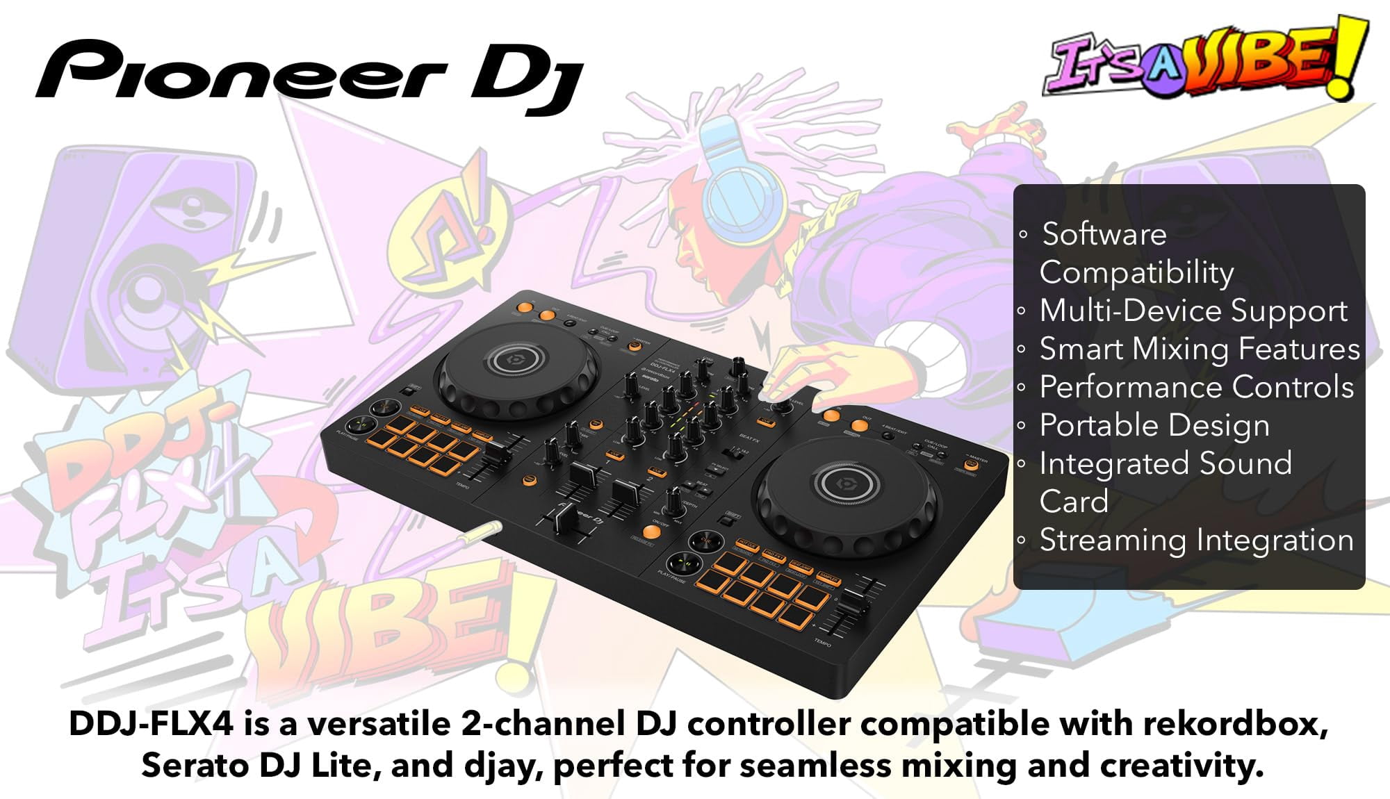 Pioneer DDJ FLX4 DJ Controller - Black Bundle with Laptop Stand, Headphones, and Austin Bazaar Polishing Cloth