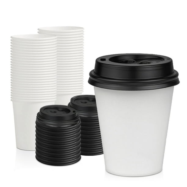 [100 Pack] 6 Oz Disposable White Paper Cups with Black Lids -On the Go