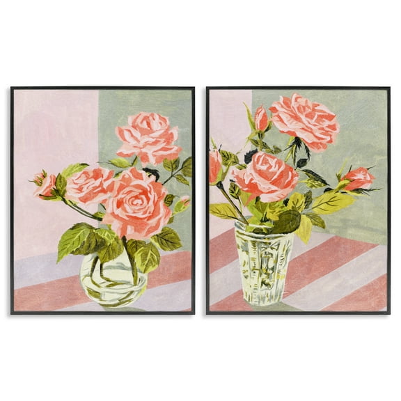 Stupell Industries Pink Rose Bouquets in Glass Plants & Flowers Painting Black Framed Art Print Wall Art, 11 x 14, Set of 2