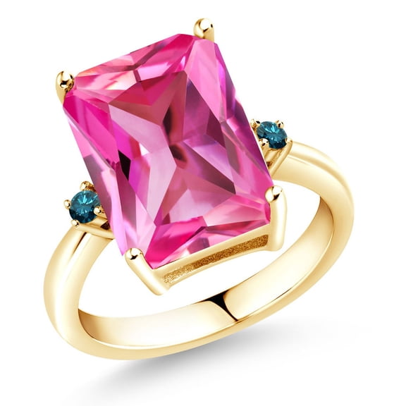 Gem Stone King 18K Yellow Gold Plated Silver Pink Created Sapphire and Blue Diamond Ring for Women (10.07 Cttw, Emerald Cut 14x10MM, Gemstone September Birthstone, Size 9)
