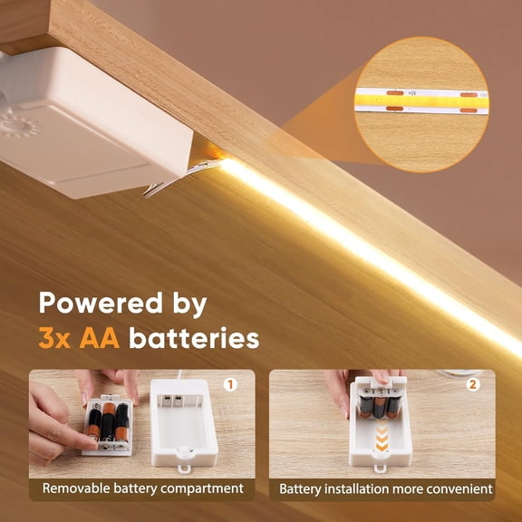 JINYUN-1 Pack COB LED Strip Lights, 3.3ft 320 LEDs Battery Powered LED Strip Lights, Flexible Cuttable Light Strips for Bedroom, Desk, Kitchen, Bedroom, 2700K Warm White