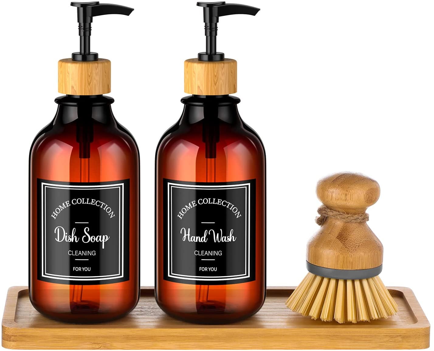 4 Pieces Kitchen Soap Dispenser Set 16 oz Dish Soap Dispenser with Bamboo Pump Soap Tray and Dish Brush Bathroom Soap Dispenser Set with Waterproof ...