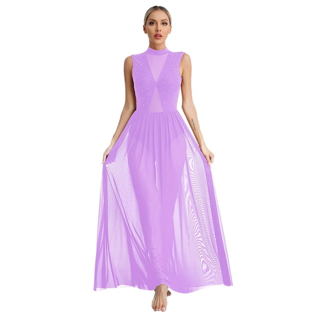 CHICTRY Robe de Danse Lyrique pour Femmes Costume Moderne Contemporain Col Montant Justaucorps Dos Ouvert Robe Maxi Violet Pâle S