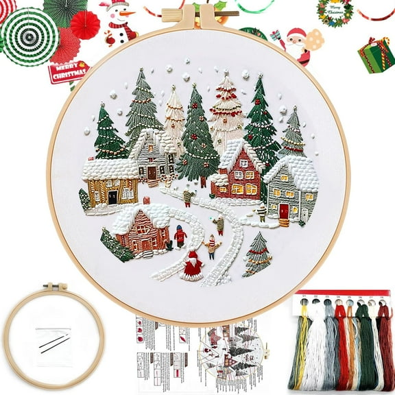 Christmas Cross Stitch Kits, DIY Embroidery Kit for Adults with Pattern,Cotton Threads,Needles,Instruction,20cm Hoop,for Decor Home Room