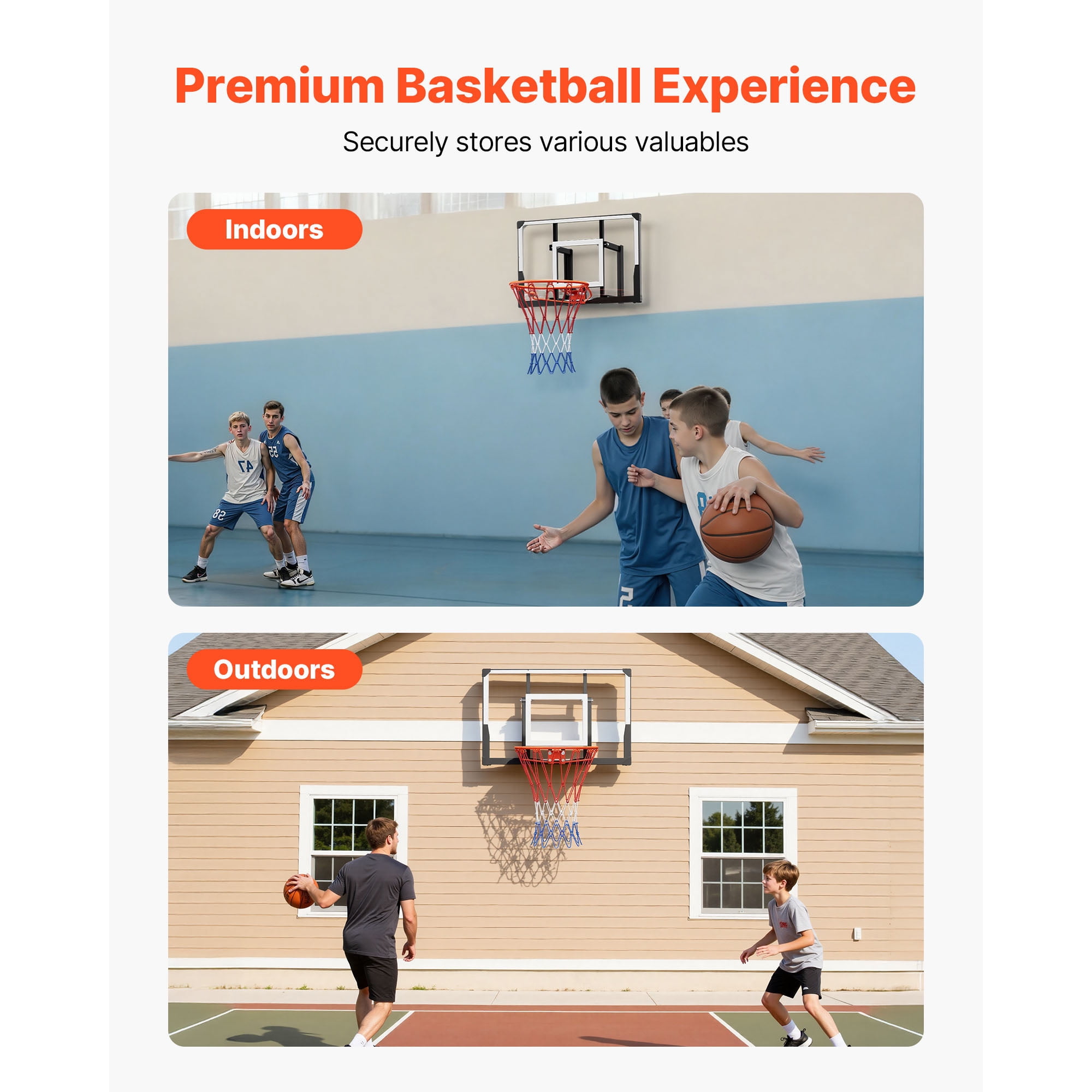 KFFKFF Wall-Mounted Basketball Hoop, 44-inch PC Backboard with Durable Steel Frame, 0.08-inch Thick Backboard, Reinforced Nylon Net, Suitable for Indoor and Outdoor Play