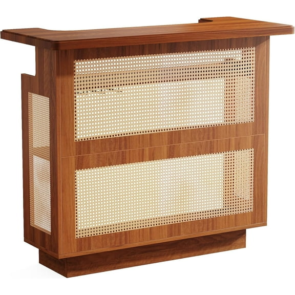 Farmhouse Woven Rattan Bar Unit U-Shaped Top Bar Table with Ample Storage & Stemware Racks Multi-functional Liquor Cabinet Brown