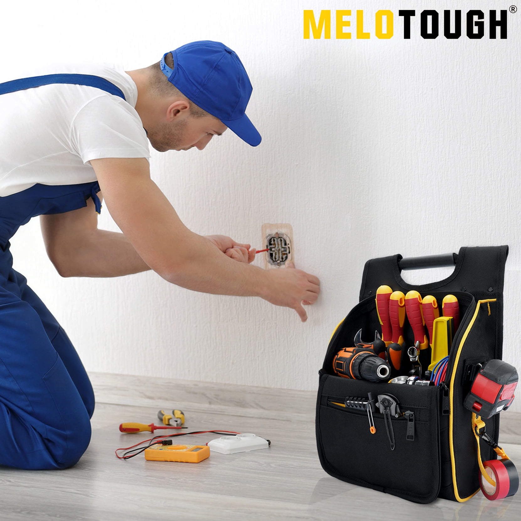 MELOTOUGH Electrician Tool Pouch with Shoulder Strap, Zippered Flip Cover Tool Pouch Bag with Multiple Storage Pockets for Electricians, Technicians, Maintenance