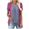 thumbnail image 2 of Xuyuer Women's Striped Flat Collar Long Hem Two-Tone Short Sleeve Top - Casual Layered Look Blouse with Extended Back for Everyday Style, 2 of 7
