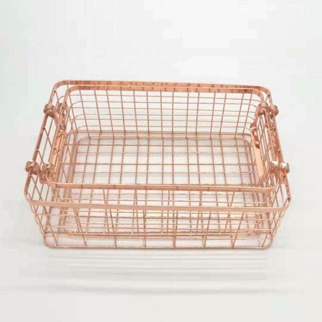 Modern Nordic Iron Storage Basket with Handle - Rose Gold, Large Capacity (32X22X12CM) - Durable, Versatile Organizer for Home & Office - Stores Cosmetics, Books, Stationery & More - New Design