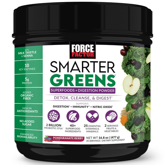 Force Factor Smarter Greens Superfoods Digestion Powder, Greens Powder with Probiotics & Enzymes to Support Digestion & Gut Health, 30 Servings