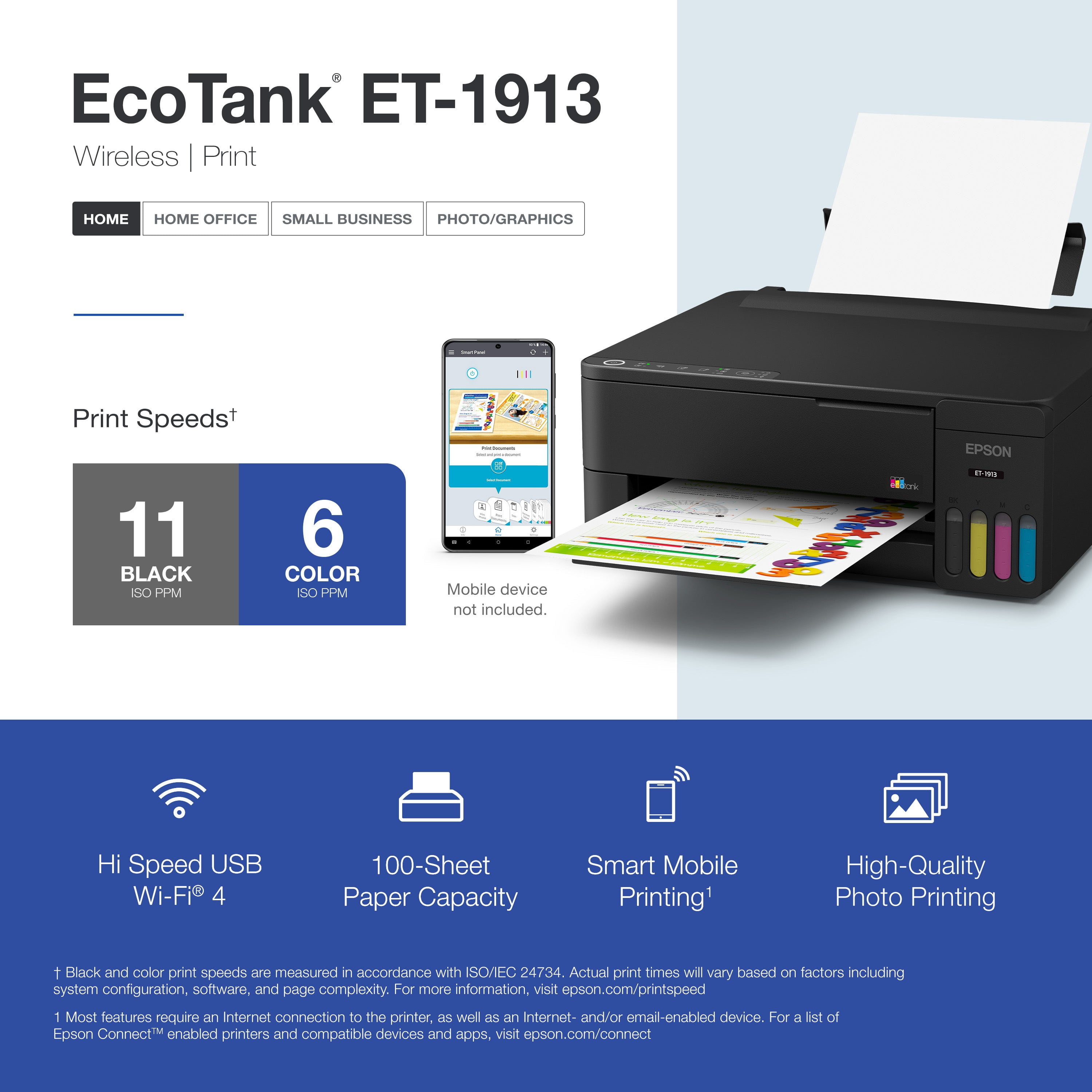 Epson - Imprimante couleur sans fil EcoTank ET-1913 à réservoirs d’encre géants - Noir