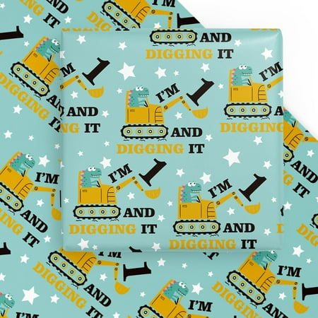 WRAPAHOLIC 1st Birthday PresNok Wrapping Paper Sheet - 6 Sheets Adorable Dinosaurs Driving Digger Design Folded Flat for Birthday, Party, Baby Showers - 19.7 inch x 27.5 inch Per Sheet