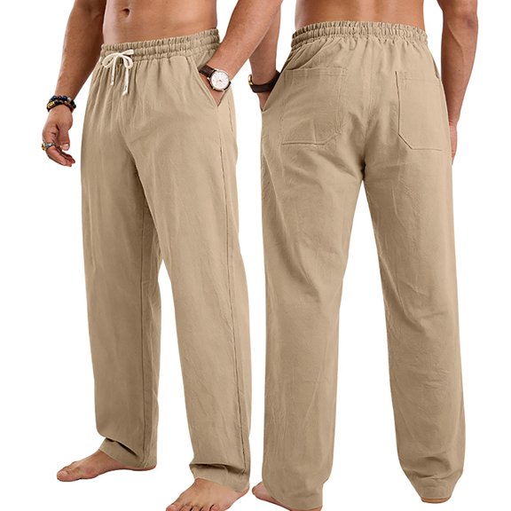 Guluxicc Men's Linen Pants with Multi Pocket Elastic Drawstring Long Straight Leg Beach Trousers for Summer Vacation Casual Outfits