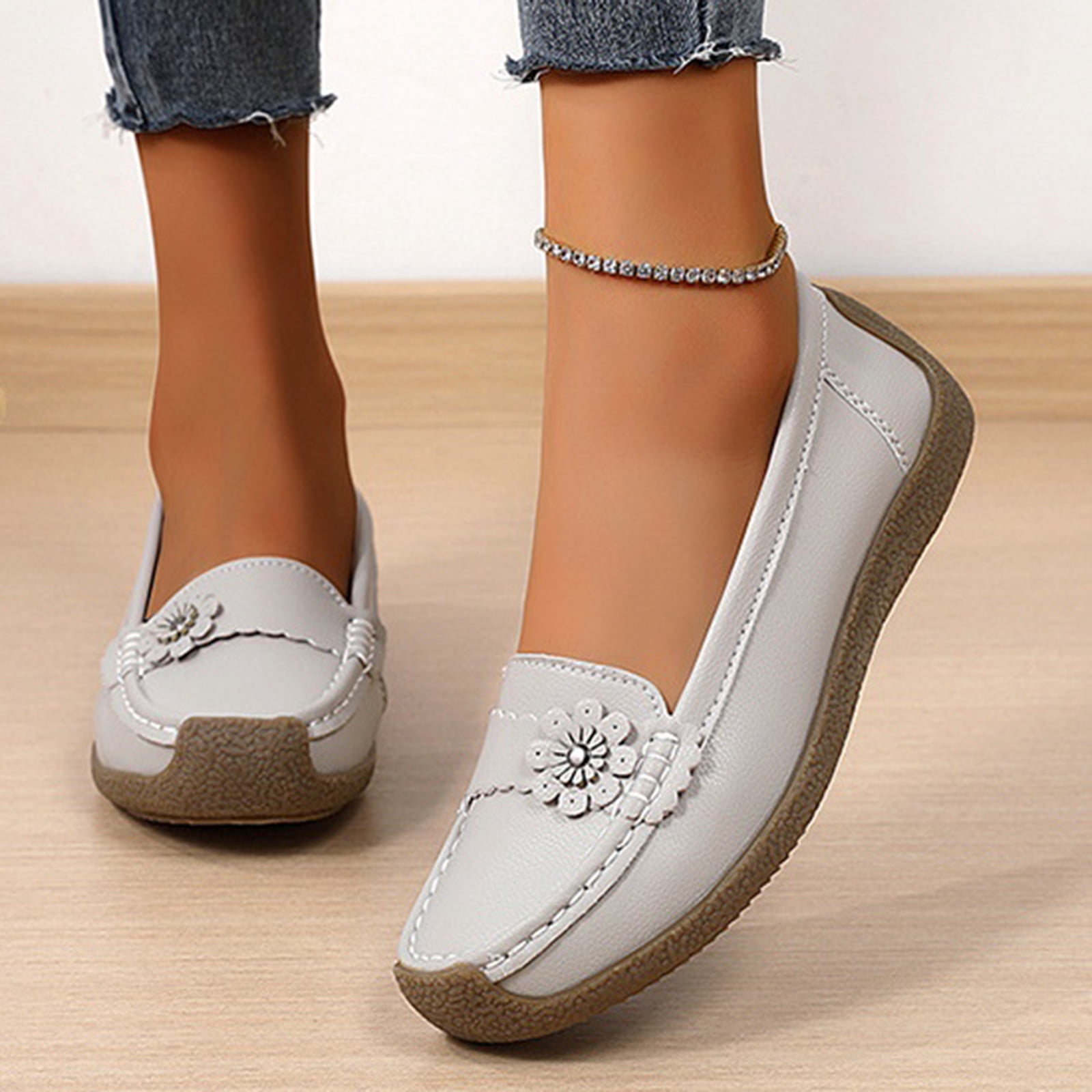Women's Leather Penny Loafers Driving Moccasins Casual Slip on Flats Shoes Nurse Work Walking Loafer Shoes