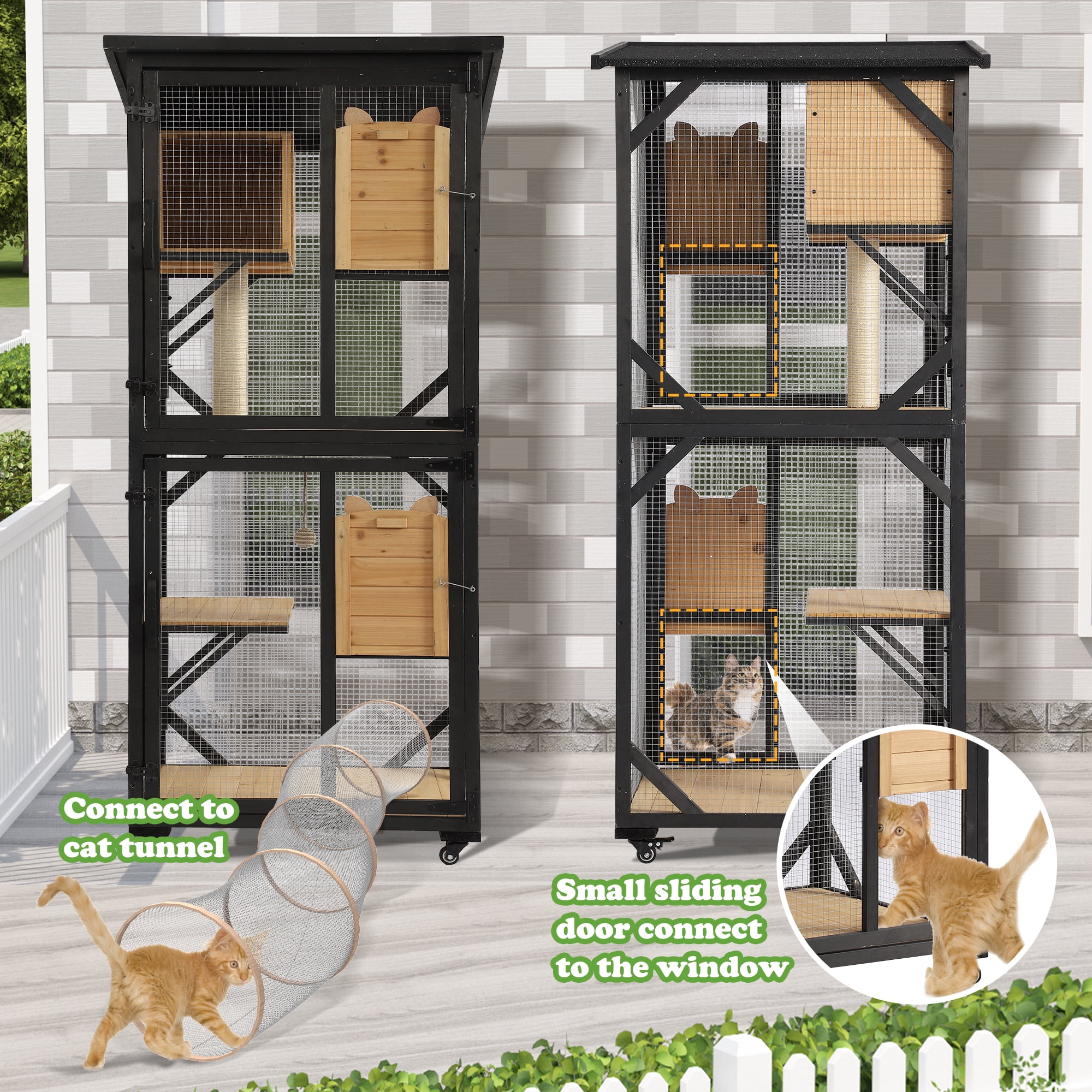 Magic Union Catio Outdoor Cat Enclosure, 4 Tiers Cat House with Waterproof Roof, Indoor Cat Cage with Wheels and Removable Floor, Large Outside Wood Cattio Kitty with Resting Box(Black)