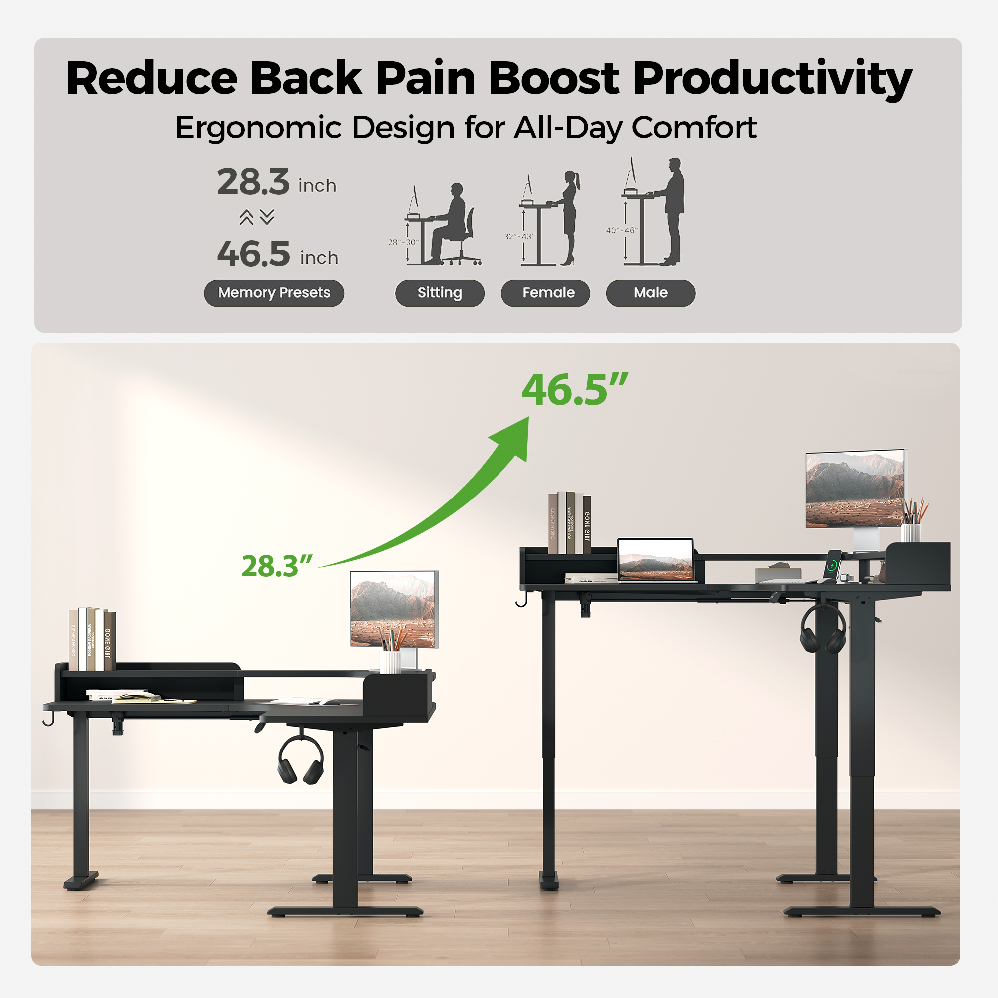 62.9" Electric L Shaped Standing Desk ,Adjustable Height Corner Desk with Monitor Shelf, Sit Stand Table for Home Office Computer Workstations,Splice Board,Black