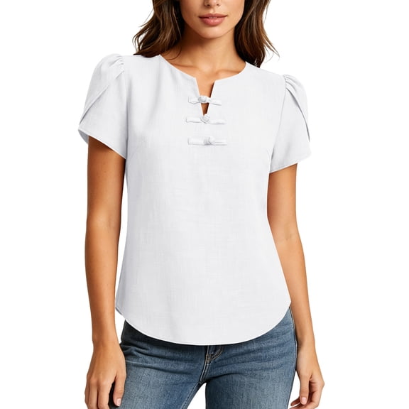 Fewfanhot Womens Summer Clothes Short Sleeve Tops Petal V Neck Blouses Dressy Casual 2026 Trendy Henley Shirts